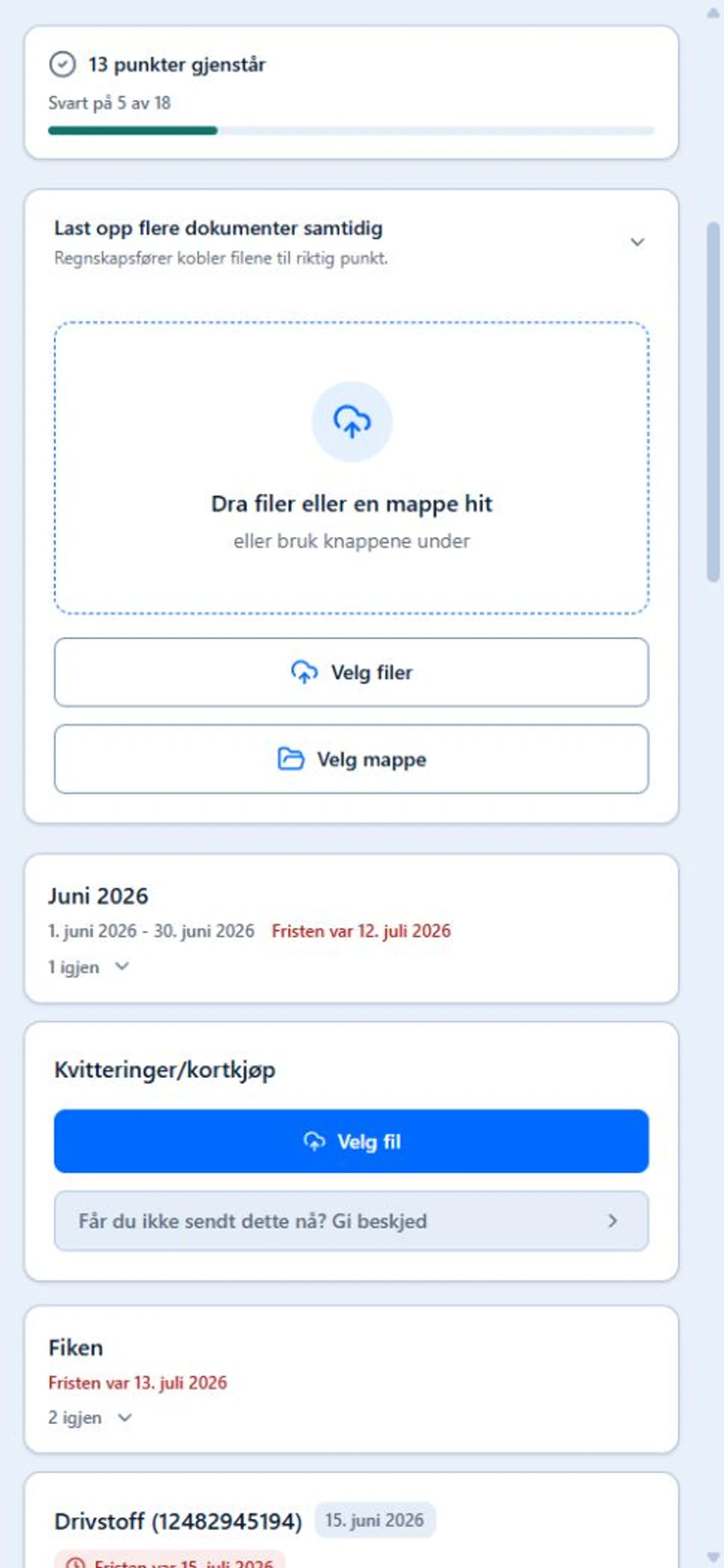 The client upload page showing progress, bulk upload and response options for each outstanding document.