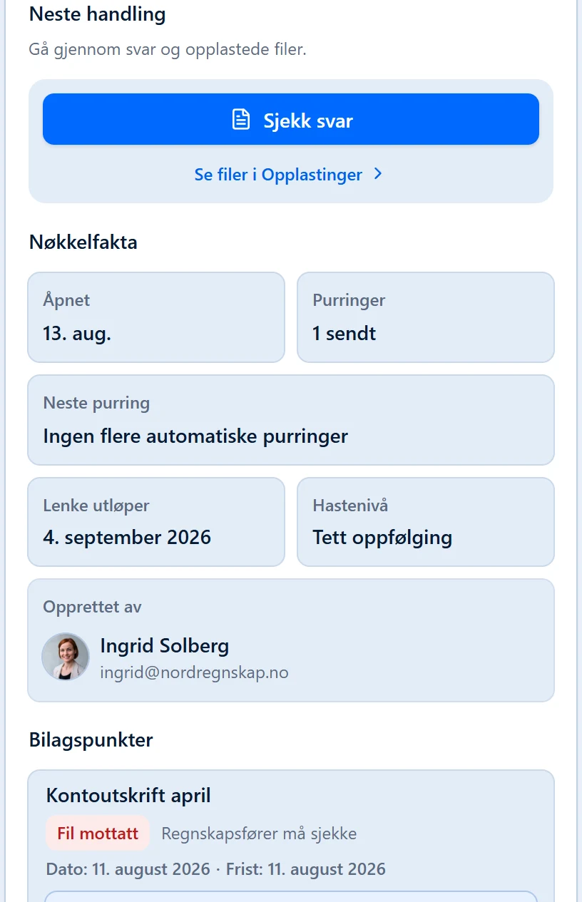 A BilagPilot request showing the next action, link opens, reminders and the next scheduled reminder.